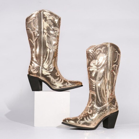 Women's Sequin Gold Fashion Western Zipper Pointed Toe Embroidered Boots - Picture 6 of 6